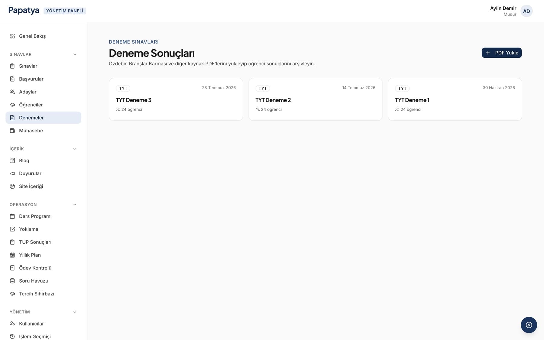 Dershane yönetim programında deneme sınavı analizi ekranı